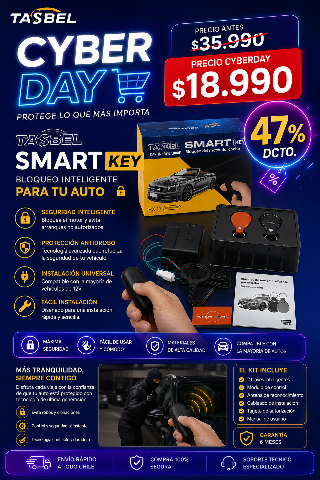 TASBEL Smart Key™ RX-11 | Bloqueo Inteligente Anti Robo para Vehículos