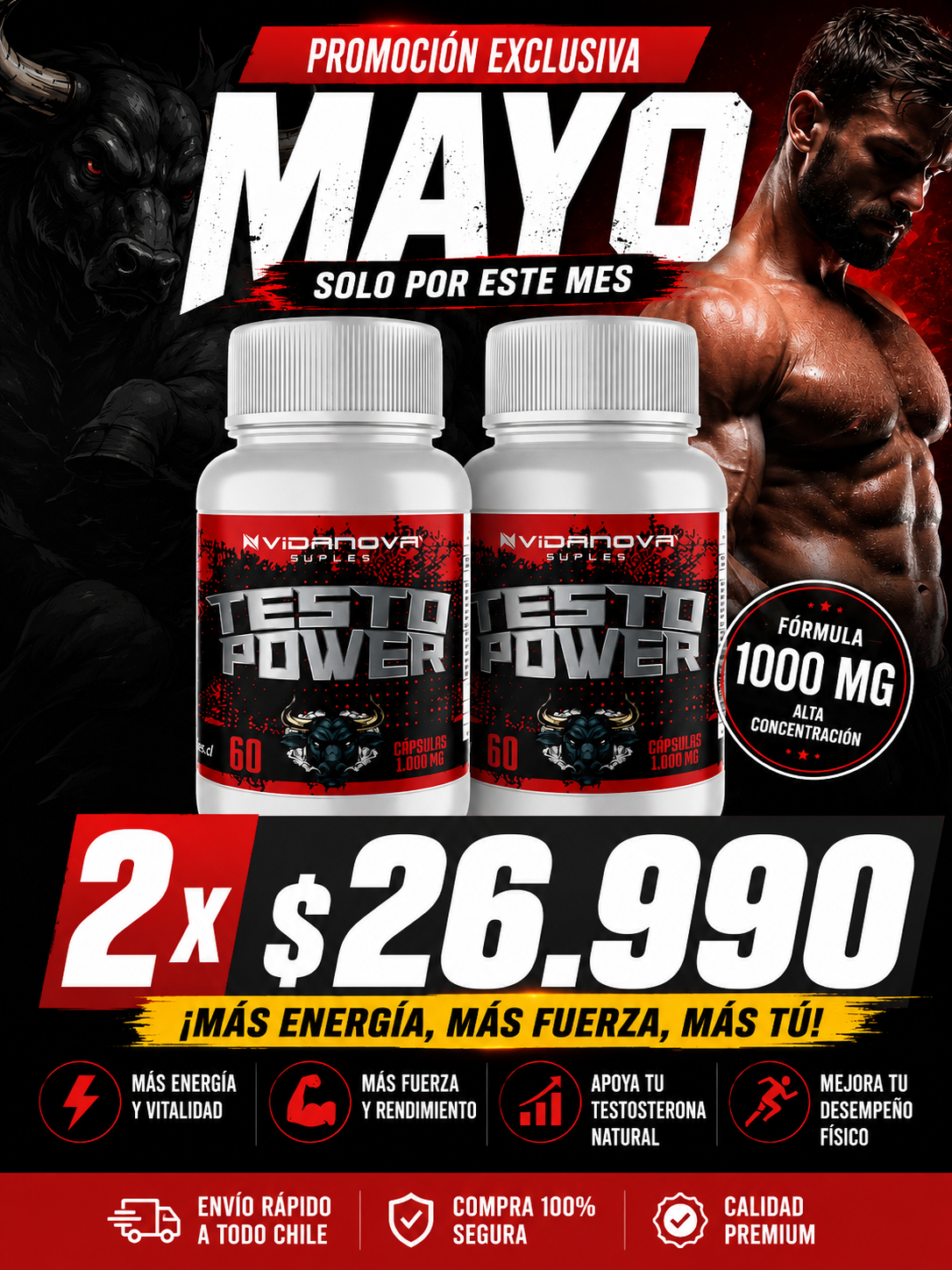 Testo Power 1000MG – Potencia, Energía y Rendimiento Masculino | 60 Cápsulas