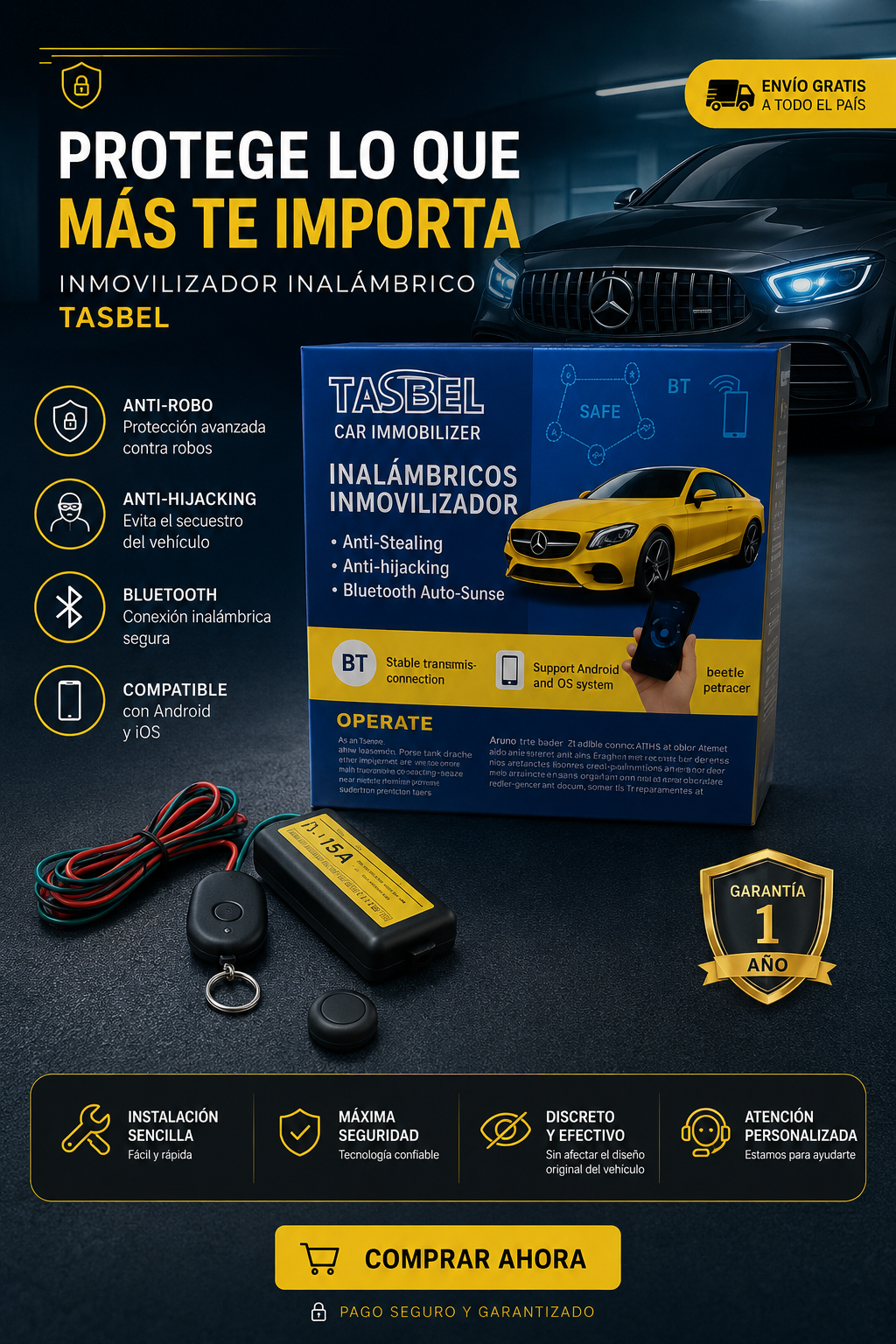 Inmovilizador Vehicular Bluetooth TASBEL® | Sistema Anti Robo Inteligente para Auto